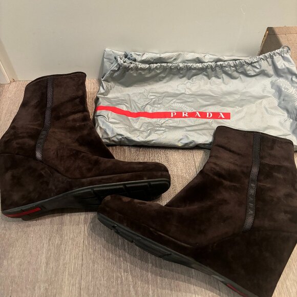 Prada Brown Suede Wedge Boots with Original Prada Bag - Picture 1 of 5
